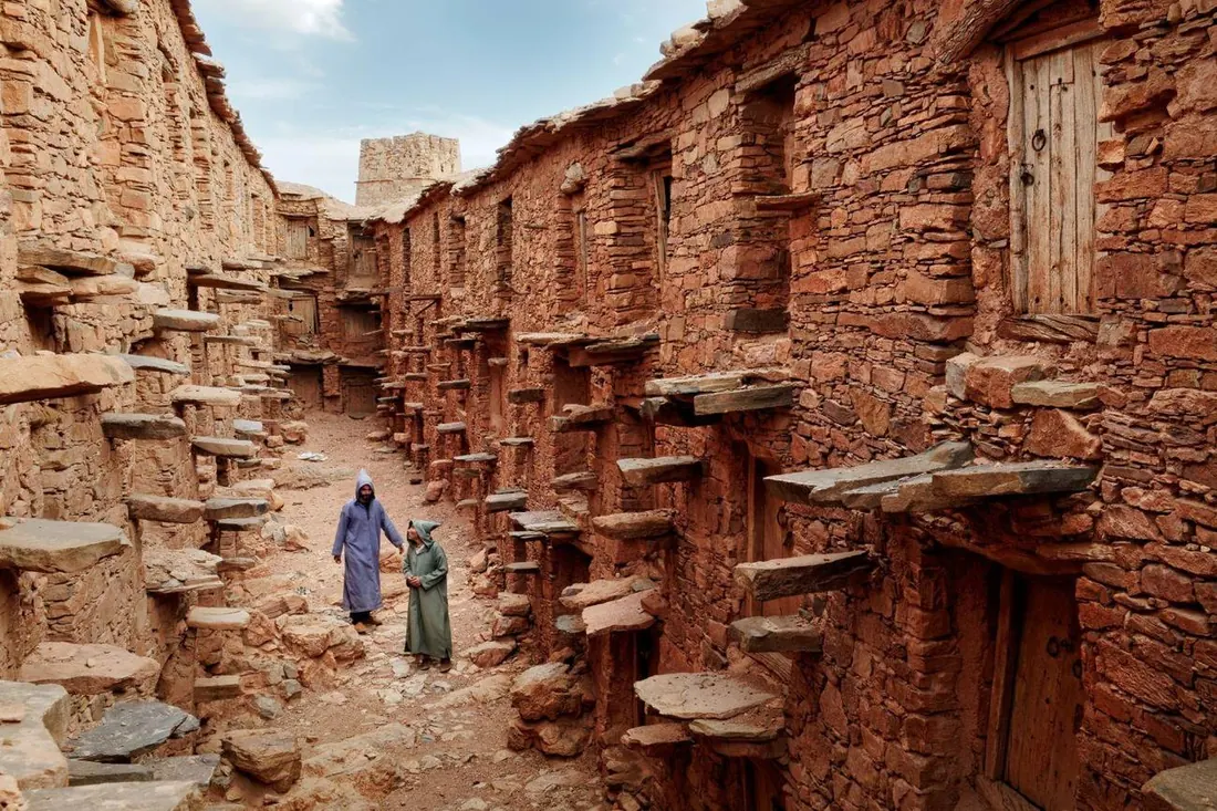 A stone Berber village with wooden balconies